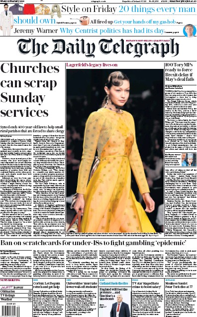 The Daily Telegraph Newspaper Front Page for 22 February 2019