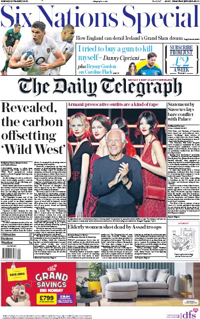 The Daily Telegraph Newspaper Front Page for 22 February 2020
