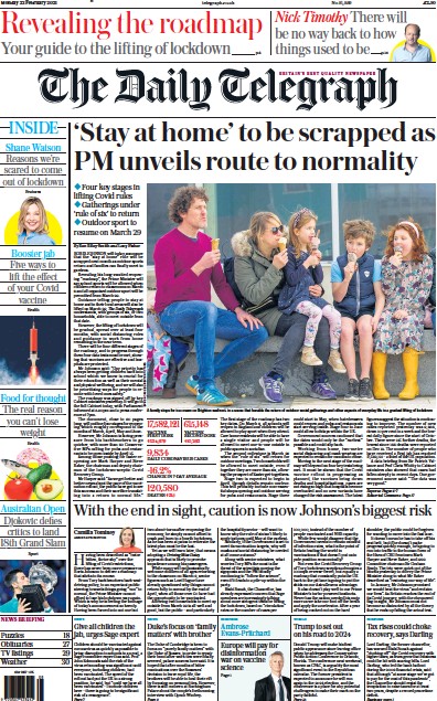 The Daily Telegraph Newspaper Front Page for 22 February 2021