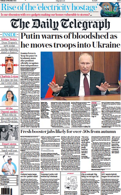 The Daily Telegraph Newspaper Front Page for 22 February 2022