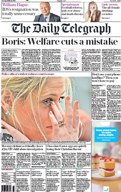 The Daily Telegraph (UK) Newspaper Front Page for 22 March 2016
