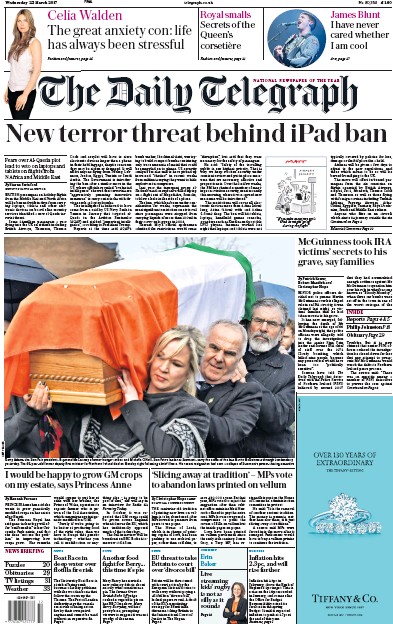 The Daily Telegraph Newspaper Front Page for 22 March 2017