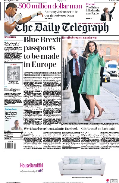 The Daily Telegraph Newspaper Front Page for 22 March 2018