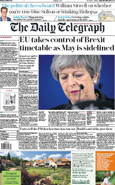 The Daily Telegraph Newspaper Front Page for 22 March 2019