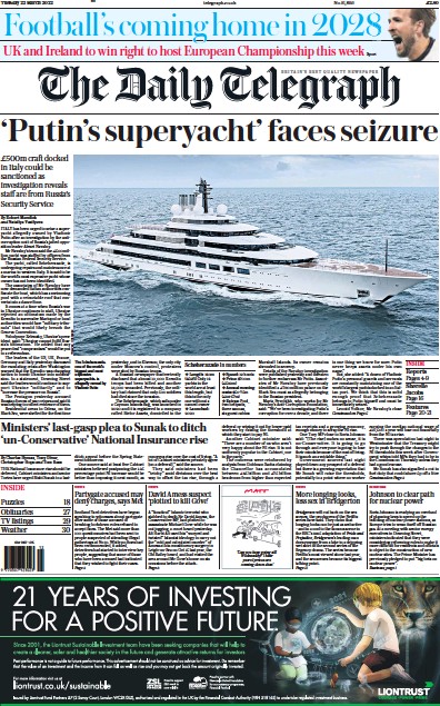 The Daily Telegraph Newspaper Front Page for 22 March 2022