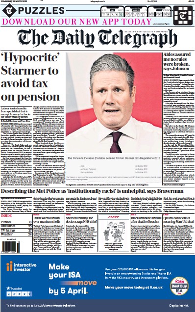 The Daily Telegraph (UK) Newspaper Front Page for 22 March 2023