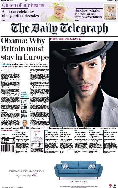 The Daily Telegraph Newspaper Front Page for 22 April 2016