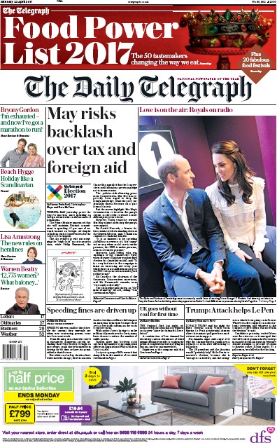The Daily Telegraph Newspaper Front Page for 22 April 2017