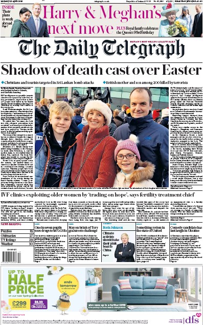 The Daily Telegraph Newspaper Front Page for 22 April 2019