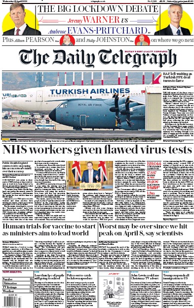 The Daily Telegraph Newspaper Front Page for 22 April 2020