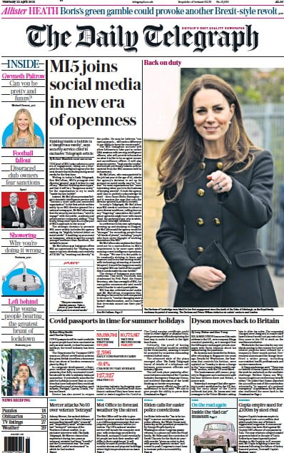 The Daily Telegraph (UK) Newspaper Front Page for 22 April 2021
