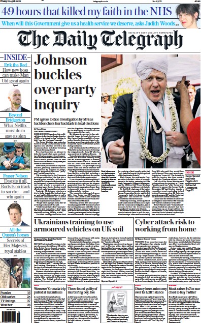 The Daily Telegraph Newspaper Front Page for 22 April 2022