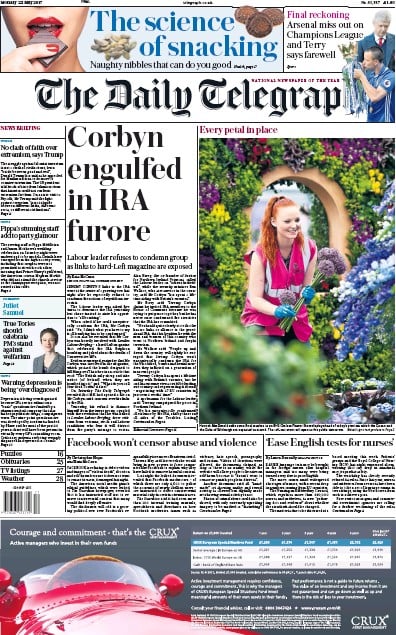 The Daily Telegraph Newspaper Front Page for 22 May 2017