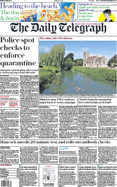 The Daily Telegraph Newspaper Front Page for 22 May 2020