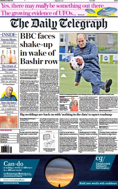 The Daily Telegraph Newspaper Front Page for 22 May 2021