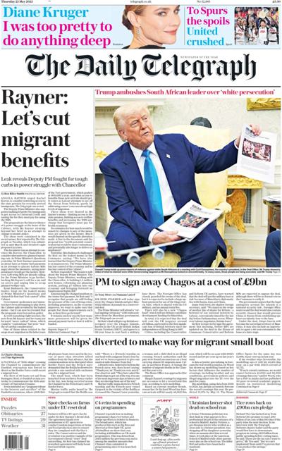 The Daily Telegraph Newspaper Front Page for 22 May 2025