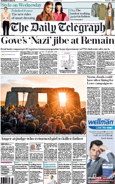 The Daily Telegraph Newspaper Front Page for 22 June 2016