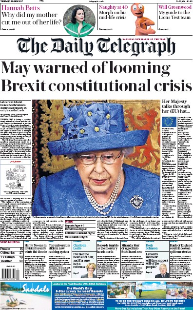 The Daily Telegraph Newspaper Front Page for 22 June 2017