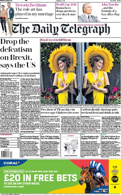 The Daily Telegraph Newspaper Front Page for 22 June 2018