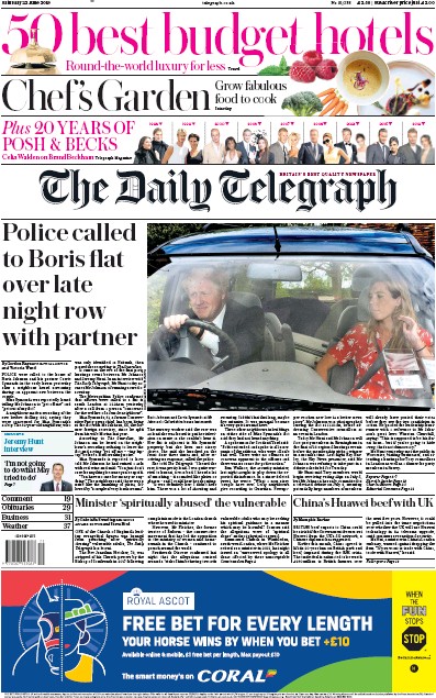 The Daily Telegraph Newspaper Front Page for 22 June 2019