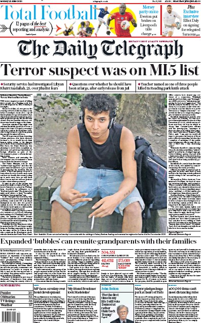 The Daily Telegraph (UK) Newspaper Front Page for 22 June 2020