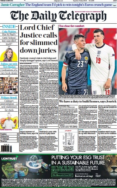 The Daily Telegraph (UK) Newspaper Front Page for 22 June 2021