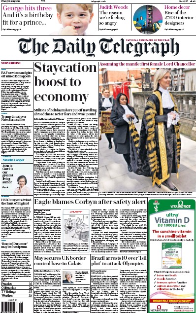 The Daily Telegraph Newspaper Front Page for 22 July 2016