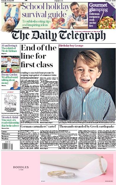 The Daily Telegraph Newspaper Front Page for 22 July 2017