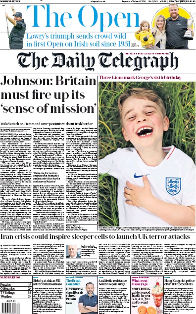 The Daily Telegraph Newspaper Front Page for 22 July 2019
