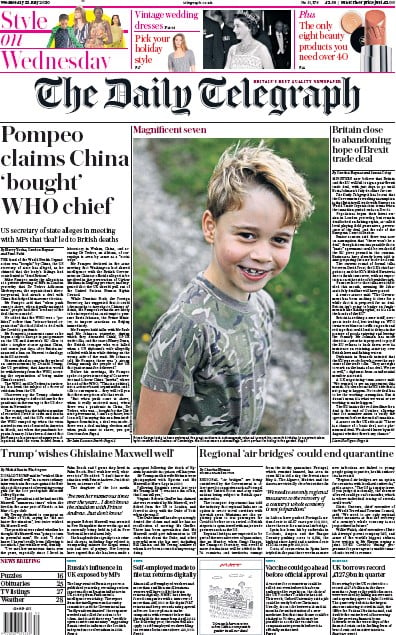The Daily Telegraph Newspaper Front Page for 22 July 2020