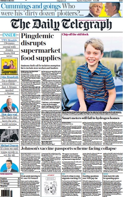 The Daily Telegraph (UK) Newspaper Front Page for 22 July 2021