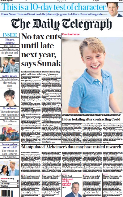 The Daily Telegraph Newspaper Front Page for 22 July 2022