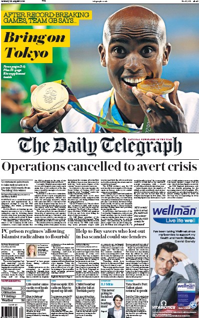 The Daily Telegraph Newspaper Front Page for 22 August 2016