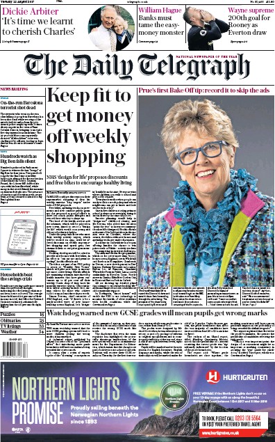 The Daily Telegraph Newspaper Front Page for 22 August 2017