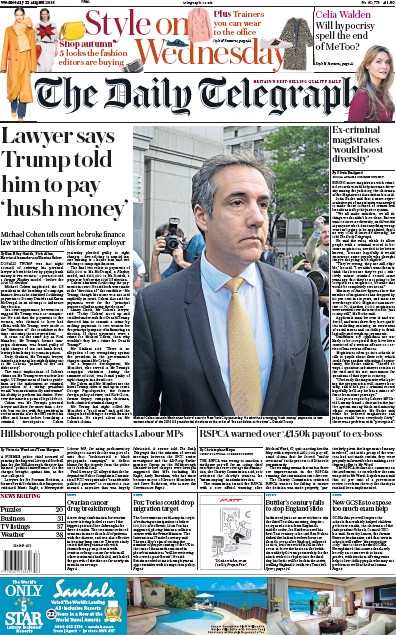 The Daily Telegraph Newspaper Front Page for 22 August 2018