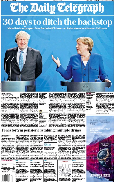 The Daily Telegraph Newspaper Front Page for 22 August 2019