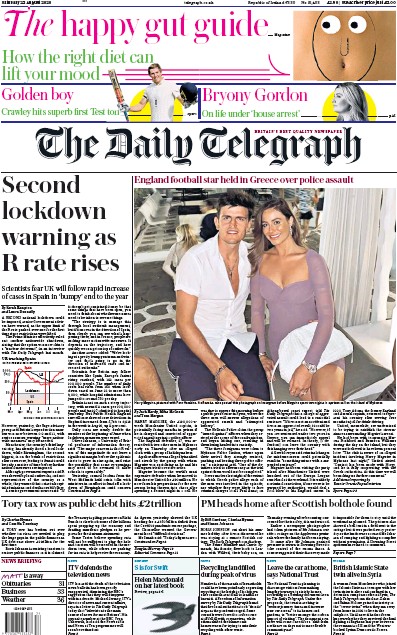 The Daily Telegraph (UK) Newspaper Front Page for 22 August 2020