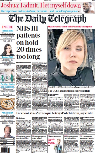 The Daily Telegraph (UK) Newspaper Front Page for 22 August 2022