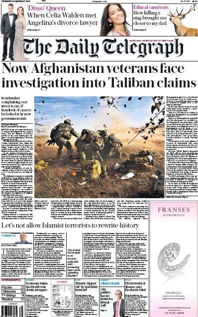 The Daily Telegraph Newspaper Front Page for 22 September 2016