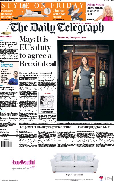 The Daily Telegraph Newspaper Front Page for 22 September 2017