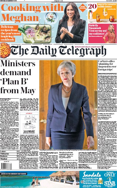The Daily Telegraph (UK) Newspaper Front Page for 22 September 2018