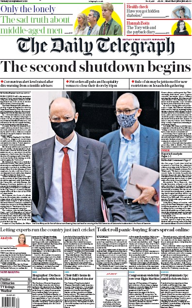 The Daily Telegraph Newspaper Front Page for 22 September 2020