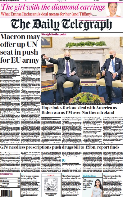 The Daily Telegraph (UK) Newspaper Front Page for 22 September 2021