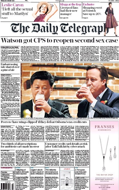 The Daily Telegraph Newspaper Front Page for 23 October 2015
