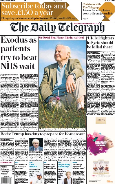 The Daily Telegraph Newspaper Front Page for 23 October 2017