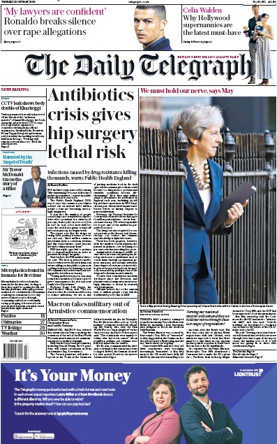 The Daily Telegraph Newspaper Front Page for 23 October 2018