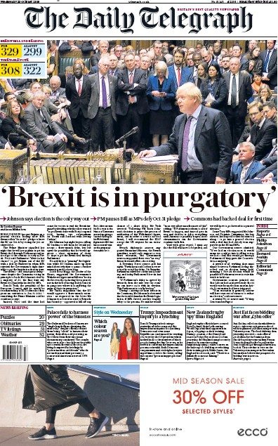 The Daily Telegraph Newspaper Front Page for 23 October 2019