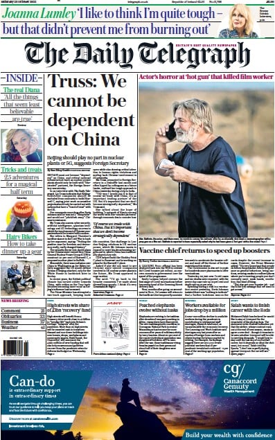 The Daily Telegraph (UK) Newspaper Front Page for 23 October 2021