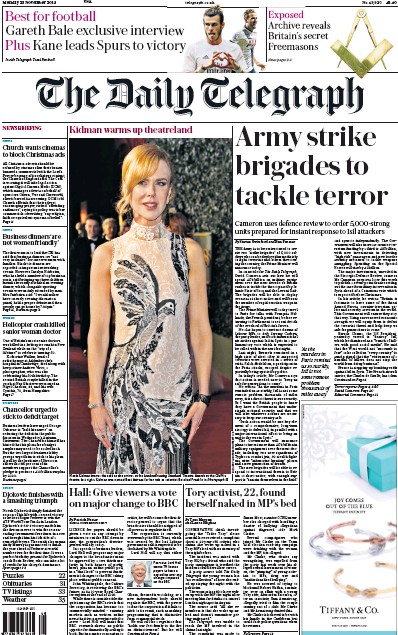 The Daily Telegraph Newspaper Front Page for 23 November 2015