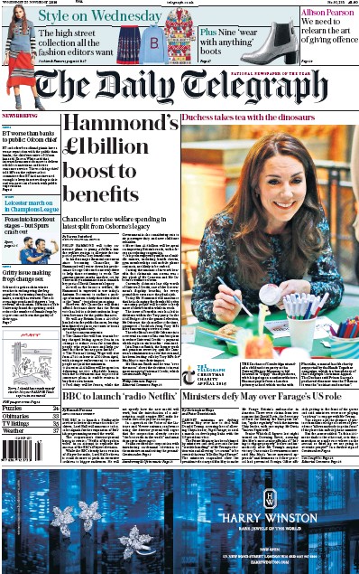 The Daily Telegraph Newspaper Front Page for 23 November 2016